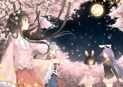  3000_xiao_chun 4girls absurdres animal_ears black_hair blue_eyes blush braid brown_eyes cherry_blossoms closed_eyes closed_mouth extra_ears facing_another floating_hair full_moon hat highres houraisan_kaguya inaba_tewi long_hair looking_away moon multiple_girls necktie night nurse_cap open_mouth outdoors pink_skirt rabbit_ears red_eyes red_necktie reisen_udongein_inaba short_hair skirt smile touhou water_drop white_hair yagokoro_eirin 