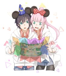  1boy :d :o animal_ears black_hair black_pantyhose blue_eyes blue_hat blue_shorts bow bowtie bracelet collared_shirt commentary_request cosplay couple darling_in_the_franxx denim denim_shorts disneyland fake_animal_ears female green_eyes hair_ornament hairband hat high_ponytail highres hiro_(darling_in_the_franxx) holding holding_map jacket jewelry leje39 long_hair map mickey_mouse_ears minnie_mouse_ears mouse_ears oerba_yun_fang open_clothes open_jacket open_mouth pantyhose pink_hair polka_dot polka_dot_bow ponytail protected_link reading red_shirt shirt shorts sleeves_rolled_up smile straight striped_clothes striped_shirt white_jacket wing_collar wizard_hat zero_two_(darling_in_the_franxx) 