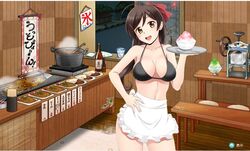  apron bikini bikini_top_only black_bikini breasts breasts_apart brown_eyes brown_hair commentary_request contrapposto cowboy_shot female food fuuma_nagi hair_ornament hair_ribbon hairclip hand_on_own_hip ice_shaver kantai_collection large_breasts long_hair looking_at_viewer mamiya_(kancolle) open_mouth ponytail pot red_ribbon ribbon shaved_ice solo standing swimsuit table tray waitress white_apron window yakisoba 