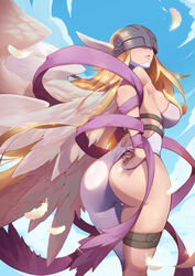  adjusting_clothes angel_wings angewomon arm_behind_back ass asymmetrical_clothes back backless_outfit bare_shoulders belt blonde_hair blue_sky bodysuit breasts closed_mouth commentary covered_eyes cowboy_shot day digimon digimon_(creature) feathered_wings feathers female from_behind head_wings helmet highres johnson_zhuang kneepits large_breasts lips lipstick long_hair looking_back makeup multiple_wings outdoors photoshop_(medium) pink_lips shawl sideboob skin_tight skindentation sky solo standing thigh_gap thigh_strap twisted_torso very_long_hair wedgie wings 