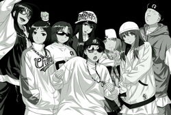  3boys 5girls angry baggy_clothes baggy_pants bandana bob_cut chains commentary_request gang gangster genshiken glasses hat hato_kenjirou highres hip_hop hood hooded_vest hoodie jewelry kuchiki_manabu long_hair looking_at_viewer madarame_harunobu monochrome multiple_boys multiple_girls music oerba_yun_fang ogiue_chika ohno_kanako otaku otoko_no_ko pants parody serious shade/nays singing sunglasses susanna_hopkins sweater vest yajima_mirei yoshitake_rika 