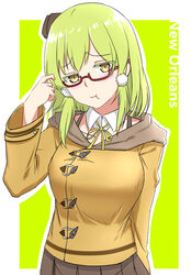  :t bad_id bad_pixiv_id character_name coat detached_collar female glasses green_hair hair_ornament hat highres looking_at_viewer lulu_heika new_orleans_(warship_girls_r) pleated_skirt pom_pom_(clothes) pout semi-rimless_eyewear short_hair skirt solo under-rim_eyewear upper_body warship_girls_r yellow_eyes 