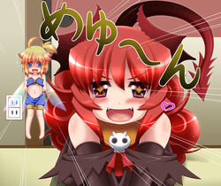  +_+ 2girls ahoge barefoot blonde_hair blue_eyes blush borrowed_character commentary_request crossover demon_girl demon_horns demon_tail elbow_gloves emphasis_lines fairy fairy_wings fangs flat_chest gloves horns long_hair maou_beluzel meyuu_(kso) midriff mini_person minigirl miso_panda multiple_girls navel open_mouth original photoshop_(medium) pigeon-toed pointy_ears red_eyes red_hair side_ponytail tail v_arms wings yuusha_to_maou 