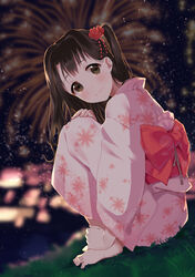  bad_id bad_pixiv_id barefoot blush brown_eyes brown_hair closed_mouth female fireworks flower furururu hair_flower hair_ornament highres idolmaster idolmaster_cinderella_girls japanese_clothes kimono long_hair looking_at_viewer medium_hair one_side_up red_flower red_rose rose shimamura_uzuki smile solo squatting yukata 