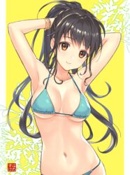  armpits arms_up artist_name bikini black_hair blue_bikini blush bracelet breasts brown_eyes cleavage closed_mouth collarbone commentary_request contrapposto female halterneck hanosuke highres jewelry long_hair looking_at_viewer medium_breasts navel original ponytail sidelocks smile solo standing string_bikini swimsuit upper_body 