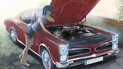  bare_legs barefoot car car_part commentary dead-robot denim denim_shorts earrings engine english_commentary female jewelry motor_vehicle muscle_car navel open_hood original pontiac pontiac_gto shorts solo sweat tank_top vehicle_focus 