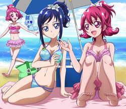  3girls :d aida_mana bag barefoot beach beach_towel beach_umbrella bikini bikini_skirt blue_bikini blue_eyes blue_hair braid closed_mouth cloud commentary_request cooler day dokidoki!_precure drink feet frilled_bikini frills groin hanzou hishikawa_rikka long_hair multiple_girls navel ocean open_mouth outdoors pink_bikini precure rakeru_(dokidoki!_precure) red_eyes red_hair sharuru_(dokidoki!_precure) sharuru_(dokidoki!_precure)_(human) short_hair side_ponytail sitting sky smile soles swimsuit toes topknot towel umbrella walking water yokozuwari 