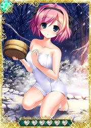  black_ribbon blue_eyes card_(medium) collarbone female grisaia_(series) grisaia_no_kajitsu hair_ribbon komine_sachi looking_at_viewer naked_towel outdoors pink_hair ribbon short_hair snow solo towel 