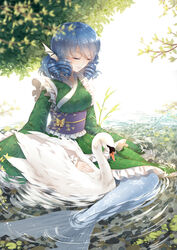  3000_xiao_chun absurdres bird blue_hair breasts closed_eyes drill_hair female fins head_fins highres large_breasts long_sleeves mermaid monster_girl photoshop_(medium) short_hair sitting solo swan touhou wakasagihime water 