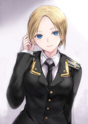  adjusting_hair bad_id bad_link bad_nicoseiga_id blonde_hair blue_eyes blush breasts female looking_at_viewer mafuyu_(kanden_shoujyo) medium_breasts military military_uniform natalia_poklonskaya necktie photoshop_(medium) real_life short_hair simple_background solo uniform 