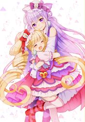  2girls :d ^_^ aisaki_emiru blonde_hair bow closed_eyes closed_mouth commentary cure_amour cure_macherie detached_sleeves drill_hair gloves hairbow height_difference highres hug hugtto!_precure long_hair magical_girl multiple_girls open_mouth precure puffy_short_sleeves puffy_sleeves purple_bow purple_eyes purple_hair red_bow ruru_amour short_sleeves skirt smile standing standing_on_one_leg sunao thighhighs twin_drills twintails very_long_hair white_background white_gloves white_legwear 