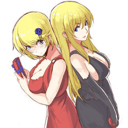  2girls back-to-back black_dress blonde_hair blue_eyes breasts california_(warship_girls_r) cleavage commentary dress earrings gift highres hikari123456 jewelry large_breasts long_hair looking_back multiple_girls photoshop_(medium) red_dress short_hair tennessee_(warship_girls_r) upper_body warship_girls_r white_background 