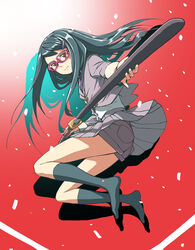  black_hair black_socks brown_eyes brown_shorts closed_mouth commentary_request female from_side full_body glasses gradient_background hair_ornament hairclip highres holding holding_sword holding_weapon katana kneehighs long_hair looking_at_viewer necktie noraico original photoshop_(medium) pink-framed_eyewear pleated_skirt purple_necktie purple_shirt purple_skirt red_background sheath sheathed shirt shorts silhouette skirt socks solo sword weapon white_shirt 