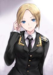  adjusting_hair blonde_hair blue_eyes blush commentary_request female looking_at_viewer mafuyu_(kanden_shoujyo) military military_uniform natalia_poklonskaya necktie real_life short_hair simple_background solo uniform 