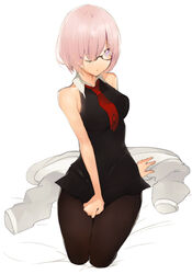  arm_behind_back bare_arms bare_shoulders black-framed_eyewear black_pantyhose breasts closed_mouth collared_dress commentary dress dress_tug fate/grand_order fate_(series) female full_body glasses hair_over_one_eye jacket looking_at_viewer mash_kyrielight medium_breasts necktie pantyhose peanutc photoshop_(medium) pink_eyes pink_hair red_necktie seiza short_hair simple_background sitting sleeveless sleeveless_dress solo unworn_jacket white_background wing_collar 