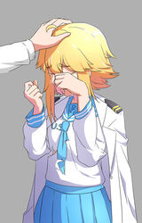  anthony_(warship_girls_r) bad_id bad_pixiv_id blonde_hair borrowed_clothes closed_eyes crying female headpat highres jacket jacket_on_shoulders lulu_heika military_jacket out_of_frame pleated_skirt school_uniform serafuku short_hair skirt solo_focus tears torn_clothes warship_girls_r 