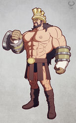  1boy abs artist_name bara beard boots brown_hair commentary facial_hair full_body gloves grey_background hajrudin helmet highres leomon32 long_hair male_focus manly moustache muscular navel one_piece solo topless_male 