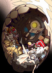  armband bikini black_bikini black_legwear blue_eyes bottle box breasts brown_eyes cake candy collarbone commentary_request cup drinking_glass fake_horns female food gift gift_box glowing glowing_eyes gold_bar grey_hair highres horns jewelry leg_lift long_hair looking_at_viewer lying mask medium_breasts noraico on_back original parted_lips photoshop_(medium) robot socks swimsuit table wine_bottle wine_glass 