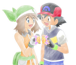  1boy alternate_costume bag bandana bare_shoulders baseball_cap belt black_eyes black_hair brown_hair couple denim female fingerless_gloves gloves handbag happy haruka_(pokemon) haruka_(pokemon_emerald) hat jeans long_hair lowres medal nintendo open_mouth pants pokemon pokemon_(anime) purse satoshi_(pokemon) short_hair simple_background spiked_hair tongue twintails white_background 