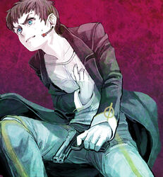  1boy aqua_pants black_jacket blue_eyes bomssp brown_hair clenched_teeth collarbone commentary_request earrings furrowed_brow gun hand_on_own_chest handgun holding holding_gun holding_weapon jacket jewelry jr. legs_apart long_sleeves male_focus pants parted_lips photoshop_(medium) shirt solo sweatdrop teeth weapon white_shirt xenosaga 