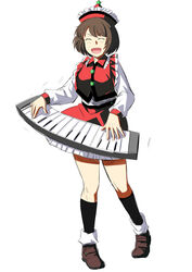  absurdres brown_hair closed_eyes commentary_request female frilled_shirt_collar frilled_skirt frills full_body hat highres instrument keyboard_(instrument) kneehighs long_sleeves lyrica_prismriver mushroom_(osh320) music open_mouth playing_instrument red_skirt short_hair simple_background skirt socks solo touhou white_background 