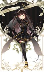  bad_id bad_pixiv_id black_hair boots crossed_legs female full_body green_eyes hairband long_hair motto pixiv_fantasia pixiv_fantasia_fallen_kings shiyun showgirl_skirt solo standing thigh_boots thighhighs veil watson_cross weapon whip 