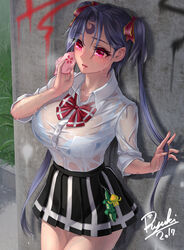  blue_bra blue_hair blush bra bra_visible_through_clothes breasts commentary_request female forehead_tattoo handkerchief highres large_breasts long_hair original pleated_skirt purple_eyes ryuki@maguro-ex school_uniform see-through skirt solo twintails underwear wet wet_clothes 