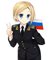  arm_behind_back blonde_hair blue_eyes blush commentary_request epaulettes female formal jacket looking_at_viewer military military_uniform natalia_poklonskaya necktie pencil_skirt phanc real_life russia russian_flag short_hair simple_background skirt skirt_suit smile solo suit uniform v white_background 