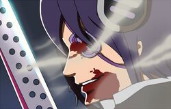  animated animated blood blue_hair commentary_request eyepatch female gloves grin headgear homura-yoshida35 kantai_collection parody shingeki_no_kyojin short_hair smile smoke solo sword tenryuu_(kancolle) weapon 