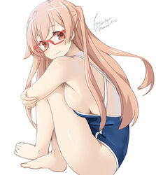  breasts brown_eyes brown_hair commentary female glasses large_breasts long_hair school_swimsuit shiraishi_(tanakeda) sideboob simple_background sitting smile solo swimsuit tanaka-kun_wa_itsumo_kedaruge tilt-shift_(azalanz) two_side_up white_background 