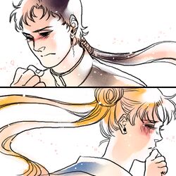  1boy bishoujo_senshi_sailor_moon bishoujo_senshi_sailor_moon_stars black_hair blonde_hair blush clenched_hand commentary_request female from_side hair_bun hakari1909 half-closed_eyes juuban_high_school_uniform long_hair lowres ponytail portrait profile sad school_uniform seiya_kou single_hair_bun tsukino_usagi twintails 