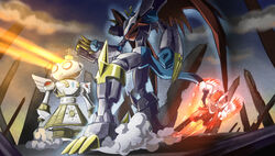  arm_cannon armor aura battle beam claws cloud commentary_request digimon digimon_(creature) digimon_adventure_02 dk_(13855103534) dragon exhaust fighting_stance fire firing full_body glowing imperialdramon imperialdramon_fighter_mode mecha monster no_humans outdoors pillar robot shakkoumon silphymon smoke standing tail weapon wings 