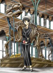  bag black_eyes black_hair character_name dinosaur earrings female fossil handbag hat holding holding_bag iguanodon jewelry megalosaurus museum original pants pendant short_hair skeleton solo standing yoshimoto_minoru you&#039;re_doing_it_wrong 