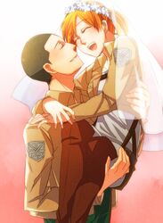  1boy bad_id bad_pixiv_id boots closed_eyes emblem female franz_kefka freckles hannah_diamant jacket open_mouth paradis_military_uniform shingeki_no_kyojin short_hair smile training_corps_(emblem) veil xxx_yc05 