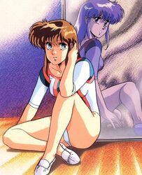  1980s_(style) anime_screenshot aqua_eyes archived_source bad_id bad_link brown_hair cream_lemon female hand_to_head leotard long_hair looking_at_viewer looking_back mirror official_art parted_lips reflection retro_artstyle sitting solo white_footwear white_shadow 