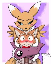  absurd_res anthro armwear bandai_namco blush breasts canid canine clothing digimon digimon_(species) duo fangs female fox fox_mccloud fur hi_res hug hugging_another ilovecorgis larger_female looking_at_viewer male mammal nintendo renamon size_difference smaller_male star_fox tail teeth tuft 