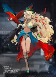  assault_rifle bikini bird blonde_hair blue_nails breasts brown_jacket character_name clothes_around_waist commentary earrings english_commentary female girls'_frontline green_eyes green_halo gun halo holding holding_gun holding_weapon ia2_(girls'_frontline) imbel_ia2 jacket jewelry large_breasts long_hair looking_at_viewer navel official_art open_clothes open_jacket parrot rifle sandals shirt shirt_around_waist smile solo swimsuit weapon 