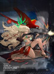  assault_rifle bikini bird blonde_hair blue_nails breasts brown_jacket character_name commentary earrings english_commentary female firing girls'_frontline green_eyes green_halo gun halo holding holding_gun holding_weapon ia2_(girls'_frontline) imbel_ia2 jacket jewelry large_breasts long_hair looking_at_viewer navel official_art open_clothes open_jacket parrot rifle sandals scar scar_on_cheek scar_on_face shirt smile solo swimsuit torn_clothes weapon 