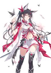  animal_ear_fluff black_butterfly black_thighhighs bow breasts bug butterfly card cleavage cleavage_cutout closed_mouth clothing_cutout commentary_request cowboy_shot extra_ears female fuuro_(johnsonwade) greatsword hair_ornament hairbow hand_up heart heart_cutout heart_hair_ornament highres holding holding_sword holding_weapon long_hair looking_at_viewer medium_breasts navel original playing_card red_bow red_eyes red_shrug revision shirt sidelocks simple_background skirt smile solo stomach stomach_cutout sword thighhighs thighs very_long_hair weapon white_background white_shirt white_skirt zettai_ryouiki 