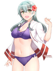  aqua_eyes aqua_hair ass_visible_through_thighs bikini blush breasts cowboy_shot dated female hair_between_eyes hair_ornament hairclip jacket kantai_collection long_hair looking_at_viewer medium_breasts official_alternate_costume open_mouth purple_bikini short_sleeves smile solo suzuya_(kancolle) suzuya_kai_ni_(kancolle) suzuya_kai_ni_(swimsuit_mode)_(kancolle) swimsuit teramoto_kaoru twitter_username white_background white_jacket 