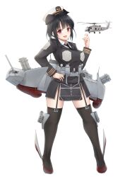  adapted_costume aircraft alternate_weapon black_garter_straps black_hair black_jacket black_skirt black_thighhighs breasts cannon commission female full_body garter_straps hat helicopter highres jacket k_jie kantai_collection large_breasts long_sleeves military_hat miniskirt missile_pod pixiv_commission red_eyes rigging ship_turret short_hair simple_background skirt solo standing takao_(kancolle) thighhighs weapon white_background 