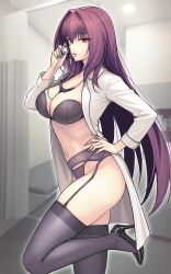  absurdres black_bra bra breasts cleavage coat dynamitenatalia fate/grand_order fate_(series) female grey_skirt high_heels highres large_breasts long_hair long_sleeves looking_at_viewer navel panties parted_lips pencil_skirt purple_garter_belt purple_garter_straps purple_hair purple_panties purple_thighhighs red_eyes scathach_(fate) skirt solo stethoscope stomach thighhighs thighs underwear white_coat 