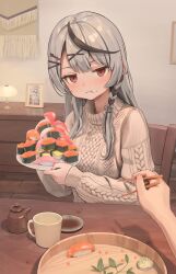  alternate_costume aran_sweater black_hair braid brown_sweater cable_knit chopsticks closed_mouth commentary_request cup double-parted_bangs earclip earrings female fish_(food) food grey_hair gunkanmaki hair_between_eyes hair_ornament hairclip highres holding holding_chopsticks holding_food holding_plate hololive indoors jewelry long_hair long_sleeves looking_at_viewer multicolored_hair nigirizushi plate pout pov pov_hands red_eyes remi_(rem67763852) sakamata_chloe side_braid sidelocks single_braid sitting solo_focus soy_sauce streaked_hair sushi sweater table virtual_youtuber x_hair_ornament 