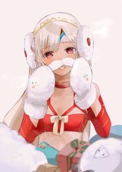  altera_(fate) altera_the_santa_(fate) bikini blonde_hair box breasts cleavage commentary_request earmuffs fake_facial_hair fake_mustache fate/grand_order fate_(series) female gift gift_box highres long_hair mittens parted_bangs parted_lips red_bikini red_eyes small_breasts smile solo swimsuit tanaka_(gohanumee) upper_body white_mittens 