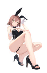  animal_ears black_bow black_bowtie black_leotard bow bowtie breasts brown_hair cleavage detached_collar diky female flipped_hair full_body gloves green_eyes high_heels highres kantai_collection large_breasts leotard mutsu_(kancolle) playboy_bunny rabbit_ears short_hair simple_background sitting solo strapless strapless_leotard toeless_footwear white_background white_gloves 