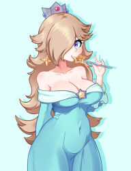  absurdres arm_behind_back bare_shoulders blonde_hair blue_background blue_dress blue_eyes blue_nails breasts brooch cleavage covered_navel cowboy_shot crown dress ducktracio earrings female hair_over_one_eye highres holding holding_wand jewelry large_breasts lips long_dress long_hair looking_at_viewer mario_(series) nail_polish parted_lips pink_lips rosalina solo star_wand wand 