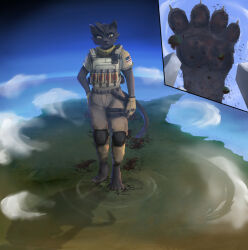  ammunition anthro bad_2_bad bagheera_hook barefoot black_body black_fur black_nose bulletproof_vest city_destruction clothing cloud destruction feet felid feline female foot_crush fur giga gygjar hi_res landscape landscape_dwarfing macro macro_anthro mammal military_uniform sky solo standing tail uniform 