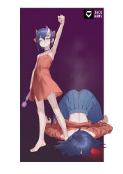  2girls :3 age_difference arm_at_side artist_logo artist_name back bare_legs barefoot blue_hair border clenched_hand closed_eyes closed_mouth clothes_lift defeat double-parted_bangs dress dual_persona face_down femdom flat_chest full_body hair_between_eyes hair_ornament hashtag-only_commentary highres holding holding_sex_toy jack_arms legs_apart logo lolidom midriff miside mita_(miside) multiple_girls orange_dress orange_sweater purple_background raised_fist scar scar_across_eye scar_on_arm scar_on_face scar_on_leg sex_toy short_dress short_hair simple_background sleeveless sleeveless_dress spaghetti_strap standing sweater sweater_lift tiny_mita_(miside) top-down_bottom-up torn_clothes torn_dress u_u vibrator victory_pose white_border x_hair_ornament 