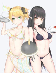  2girls absurdres aletta arm_up ass_visible_through_thighs bad_id bad_pixiv_id bare_arms bare_shoulders bikini black_bikini blonde_hair blunt_bangs breasts brown_eyes cleavage closed_mouth collarbone contrapposto cowboy_shot cup curry curry_rice drink drinking_glass eyelashes food food_on_face foreshortening frilled_bikini frills front-tie_bikini_top front-tie_top fruit green_eyes grey_background highres holding holding_tray horns isekai_shokudou kiwi_(fruit) kiwi_slice kuro_(isekai_shokudou) legs_apart lemon lemon_slice long_hair looking_at_viewer medium_breasts multiple_girls pointy_ears rice sarong sherryqq short_hair side-tie_bikini_bottom sidelocks simple_background smile spoon standing straight_hair swept_bangs swimsuit thighs tray tsurime very_long_hair white_bikini 