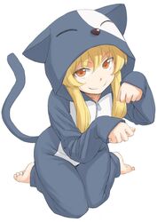  animal_costume animal_ears bad_id bad_pixiv_id blonde_hair blush female iguchi_(strawmat) ikkyuu_tensai long_hair looking_at_viewer orange_eyes pajamas paw_pose ryuugajou_nanana_no_maizoukin sitting smile solo tail wariza 